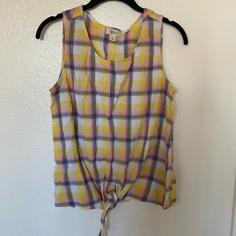 Style & Co. Yellow and Purple Tie Front Tank Top